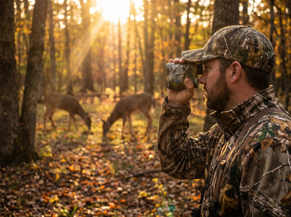 Hunter in camouflage using a laser range finder in a forest at golden hour