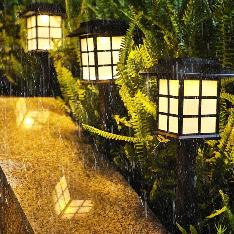 Square Pavilion-shaped Solar Outdoor Lights Black LED Garden Stakes Post Lighting