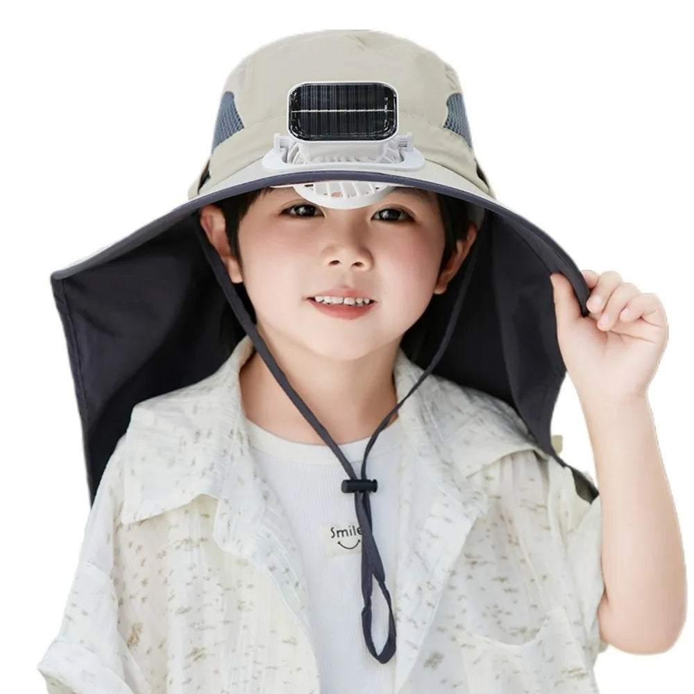 Kids Solar Powered Fan Hat - Adjustable Wide Brim Sun Hat with Built-In Cooling Fan for Children