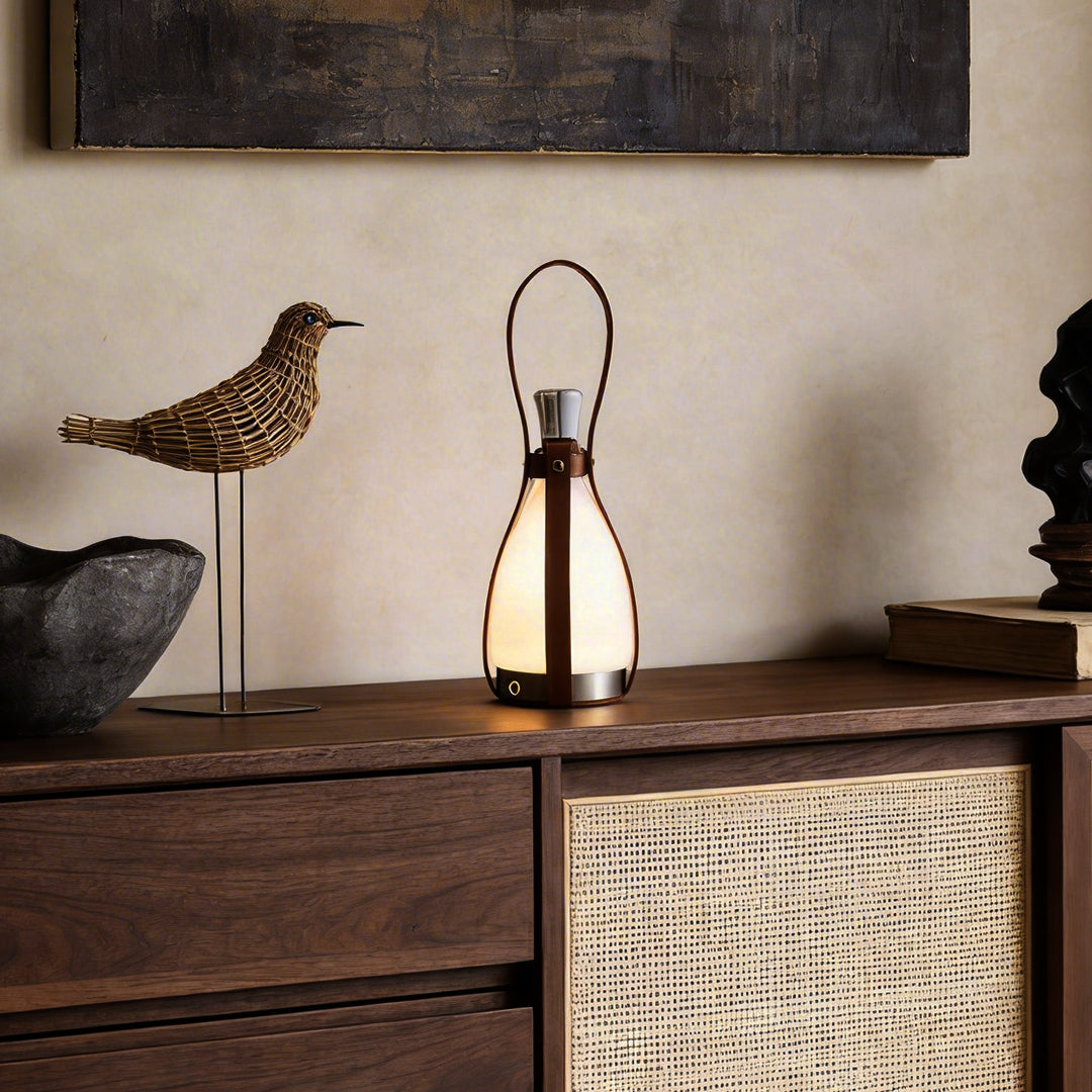 Mid-Century Cordless Table Lamp with Bottle-Shaped Glass – Dimmable LED Accent Light for Dining & Bar