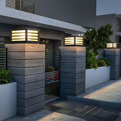 Black Gate Pillar Lights Modern Square Grid LED Light