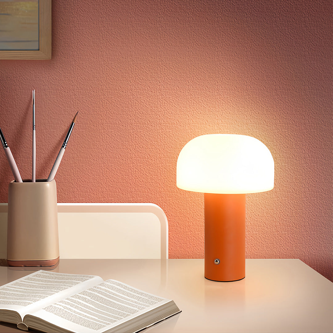 Nordic Mushroom-Shade Iron Table Lamp – Dimmable Rechargeable LED Novelty Accent Light for Bedroom & Living Room