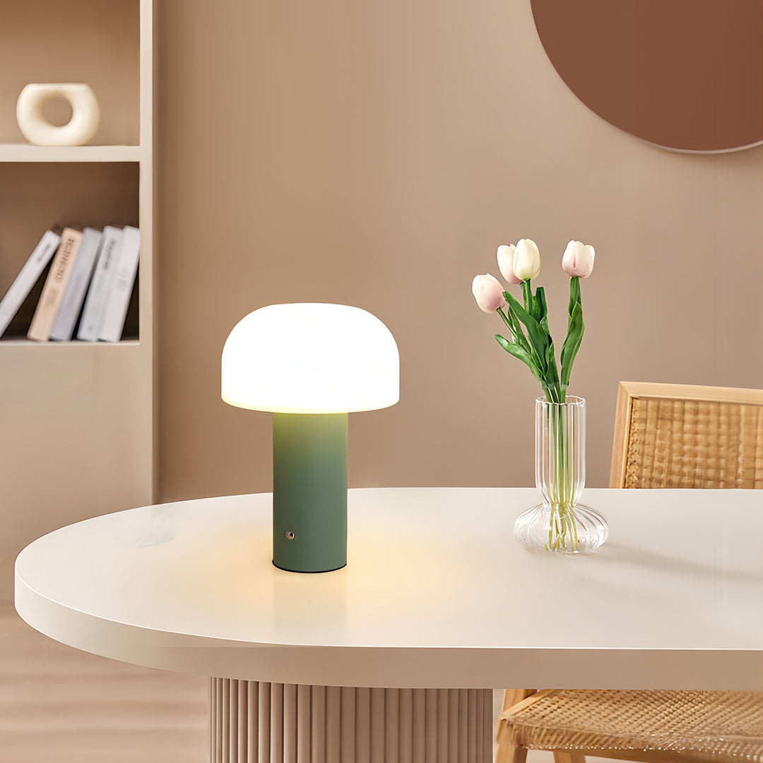 Nordic Mushroom-Shade Iron Table Lamp – Dimmable Rechargeable LED Novelty Accent Light for Bedroom & Living Room