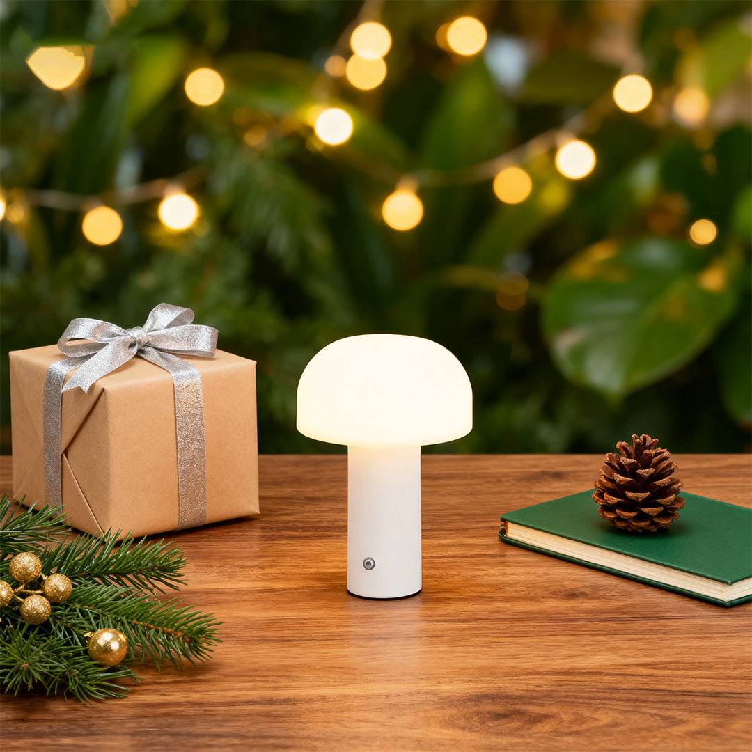 Nordic Mushroom-Shade Iron Table Lamp – Dimmable Rechargeable LED Novelty Accent Light for Bedroom & Living Room