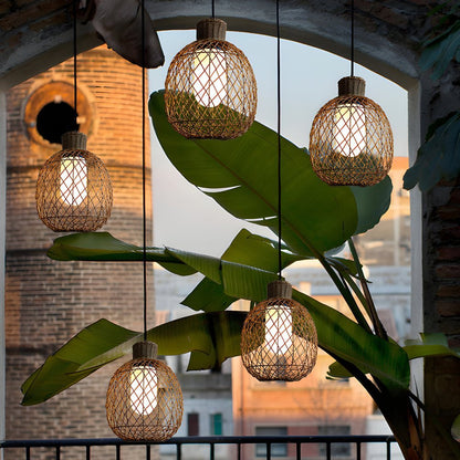 Outdoor Rattan Pendant Lights 10W Rustic Modern LED Ceiling Hanging Lantern Lights