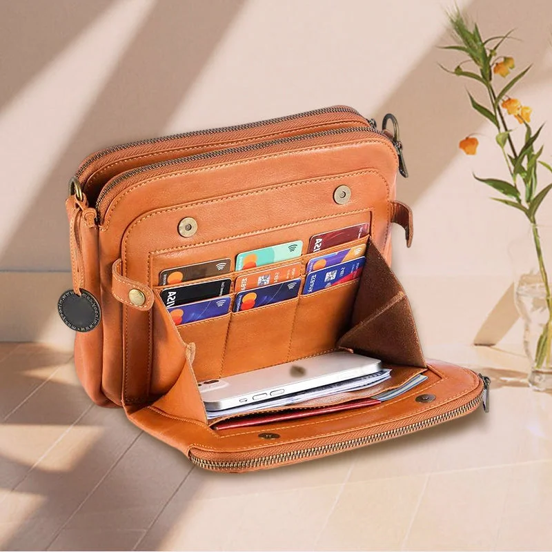 Crossbody Leather Shoulder Bag Women 3-Layer - Small Convertible Clutch Purse for Travel Everyday Use