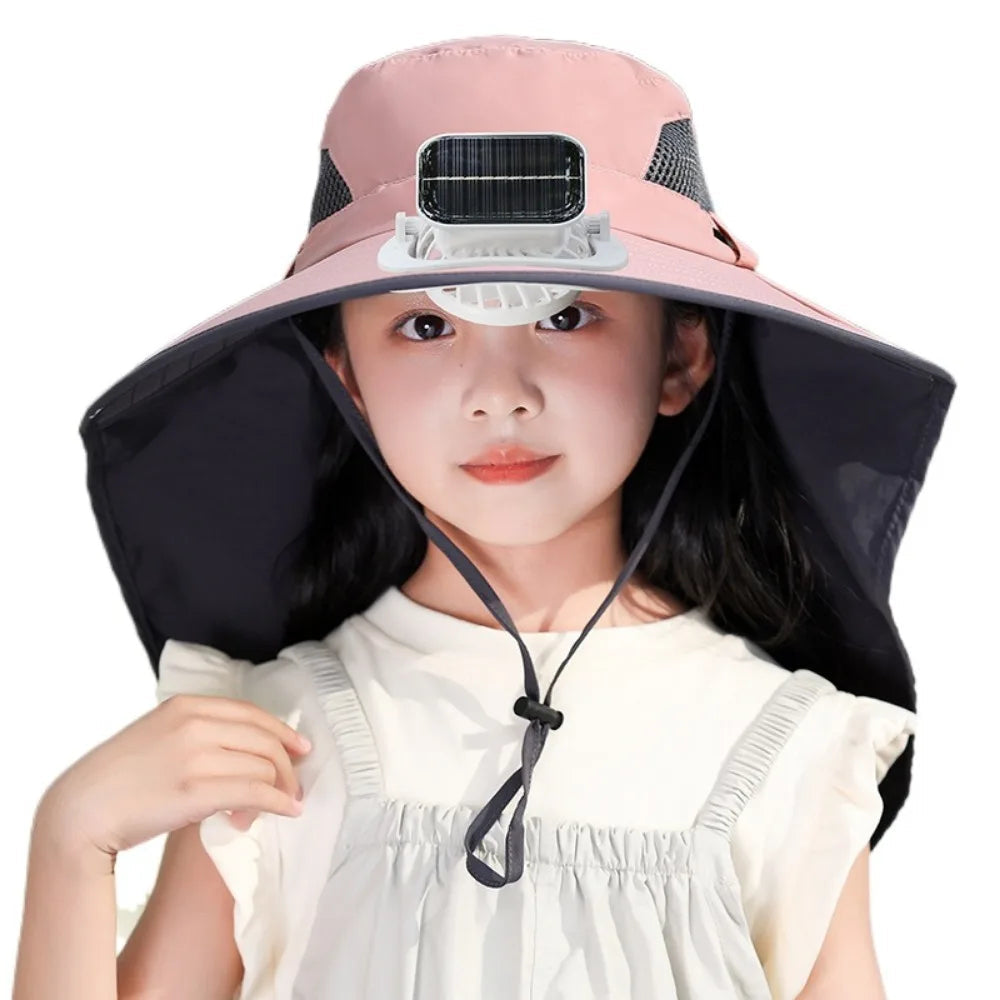 Kids Solar Powered Fan Hat - Adjustable Wide Brim Sun Hat with Built-In Cooling Fan for Children