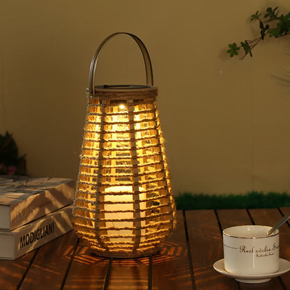 Rattan Solar Lantern Portable Waterproof LED Hemp Rope Hanging Lamp