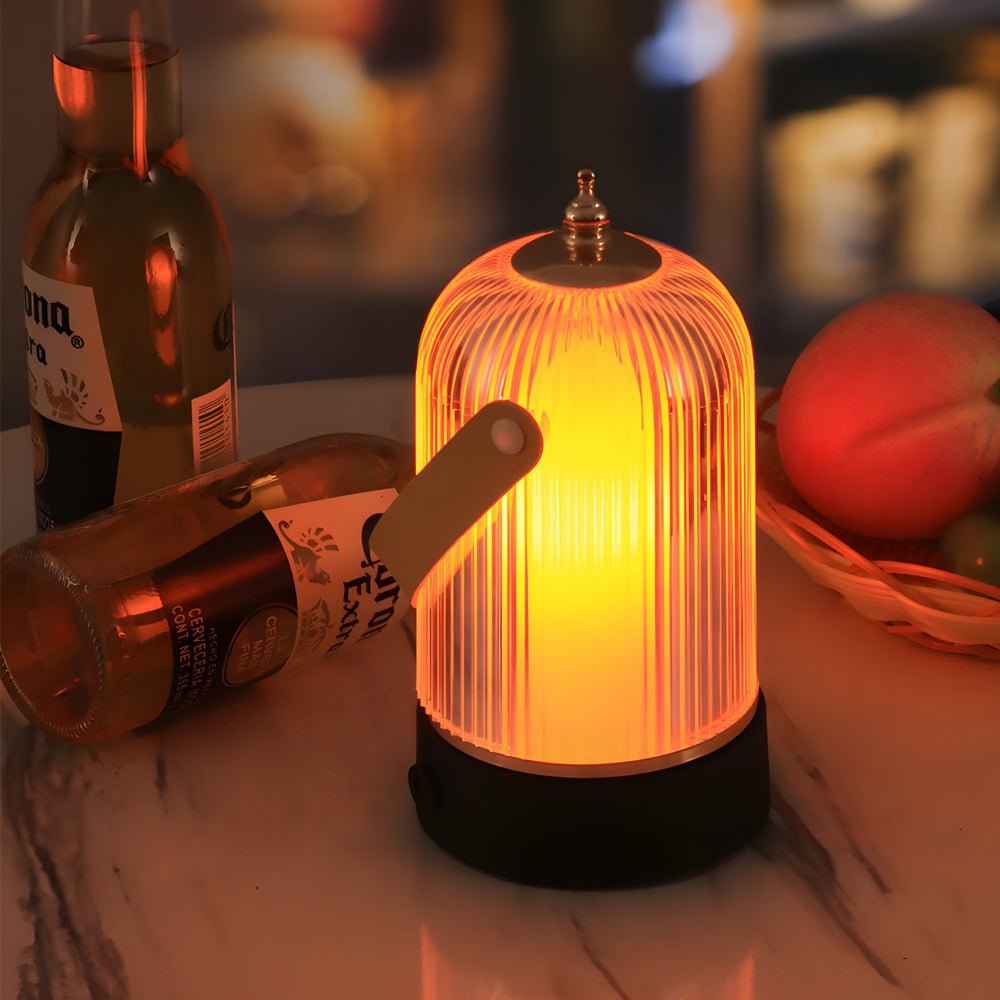 Ribbed Glass Table Lamp Lantern – Ambient LED Nightstand Light for Bedroom & Living Room