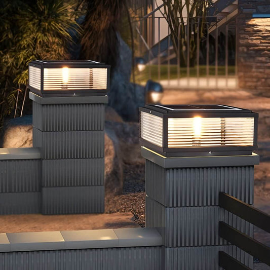 Square Pillar Light with Ribbed Glass – Solar & Hardwired Outdoor LED Landscape Post Cap Light