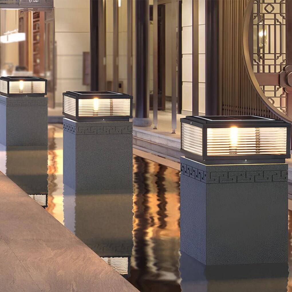 Square Pillar Light with Ribbed Glass – Solar & Hardwired Outdoor LED Landscape Post Cap Light