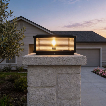 Square Pillar Light with Ribbed Glass – Solar & Hardwired Outdoor LED Landscape Post Cap Light
