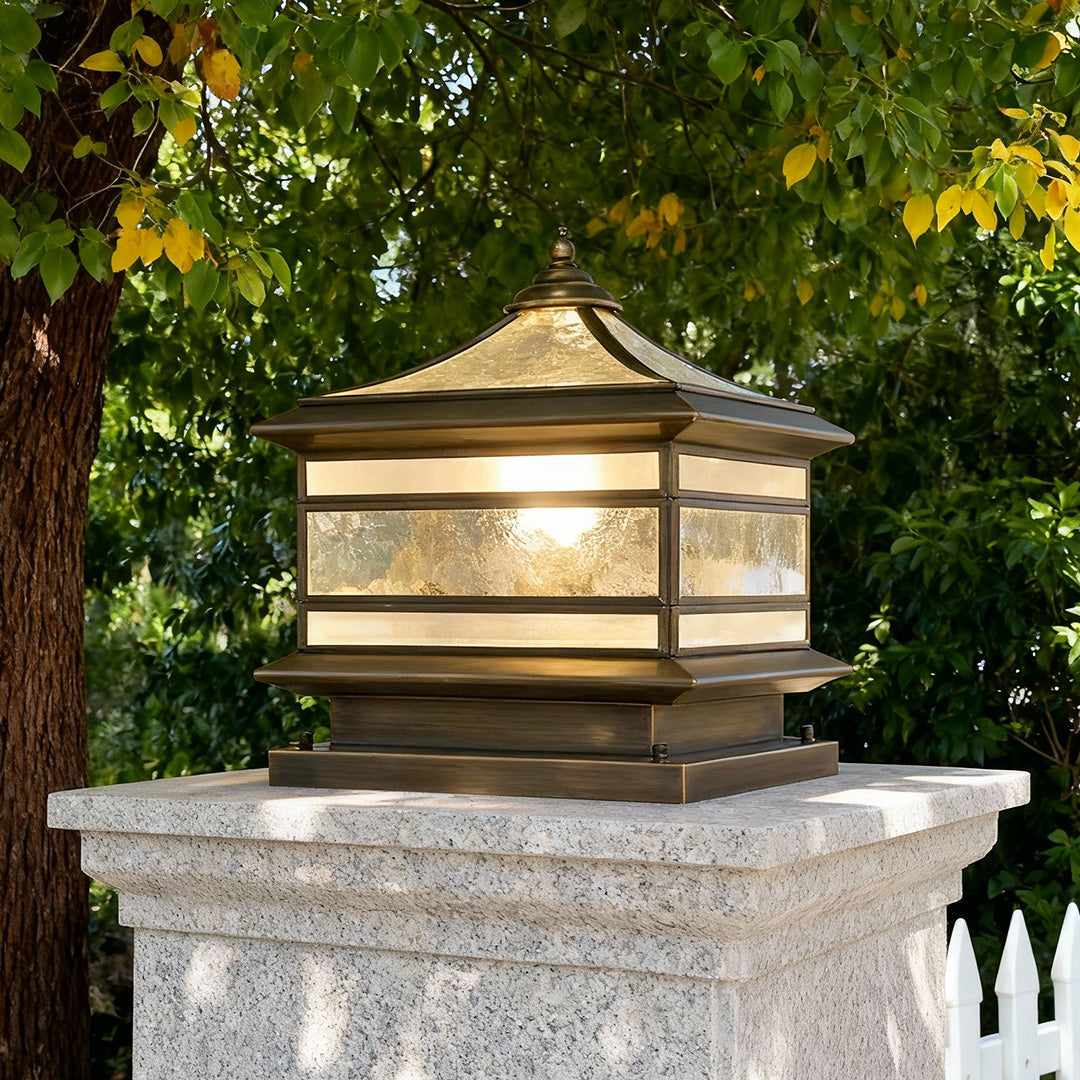 Stone Pillar Solar Lights Retro Copper – Waterproof Brass Fence Post Light for Garden & Courtyard