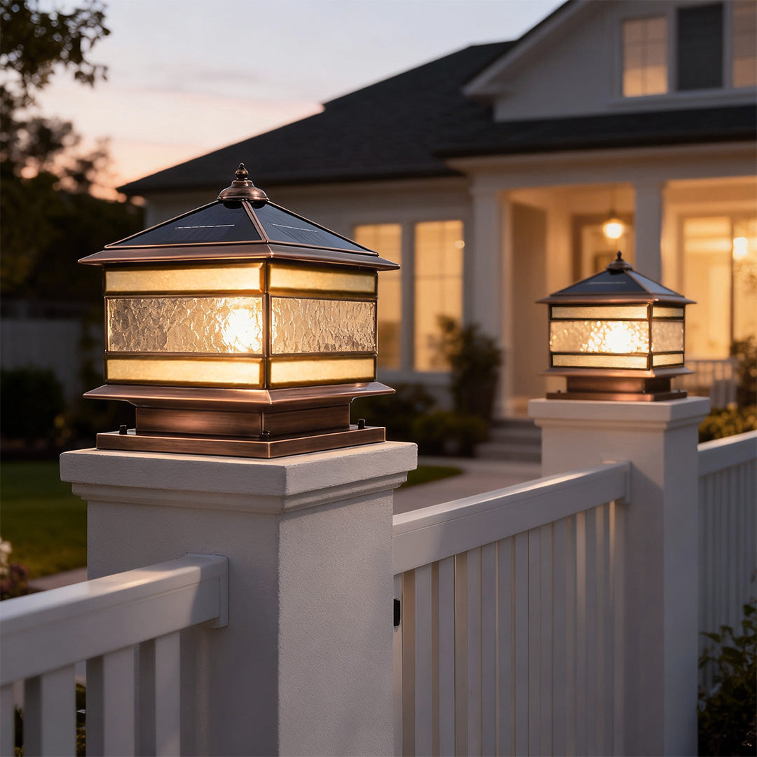 Stone Pillar Solar Lights Retro Copper – Waterproof Brass Fence Post Light for Garden & Courtyard