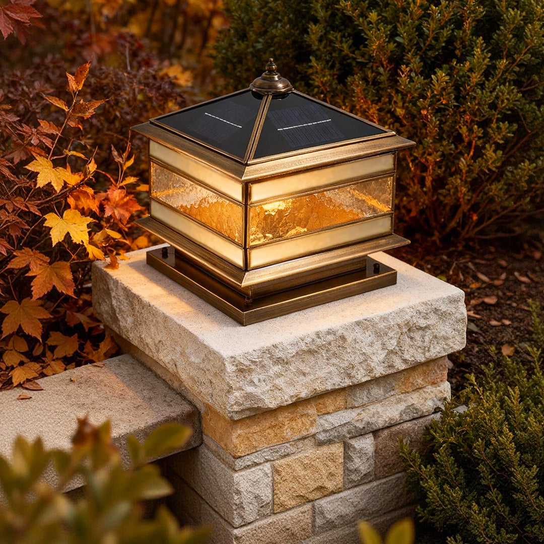 Stone Pillar Solar Lights Retro Copper – Waterproof Brass Fence Post Light for Garden & Courtyard