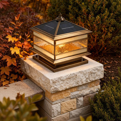 Stone Pillar Solar Lights Retro Copper – Waterproof Brass Fence Post Light for Garden & Courtyard