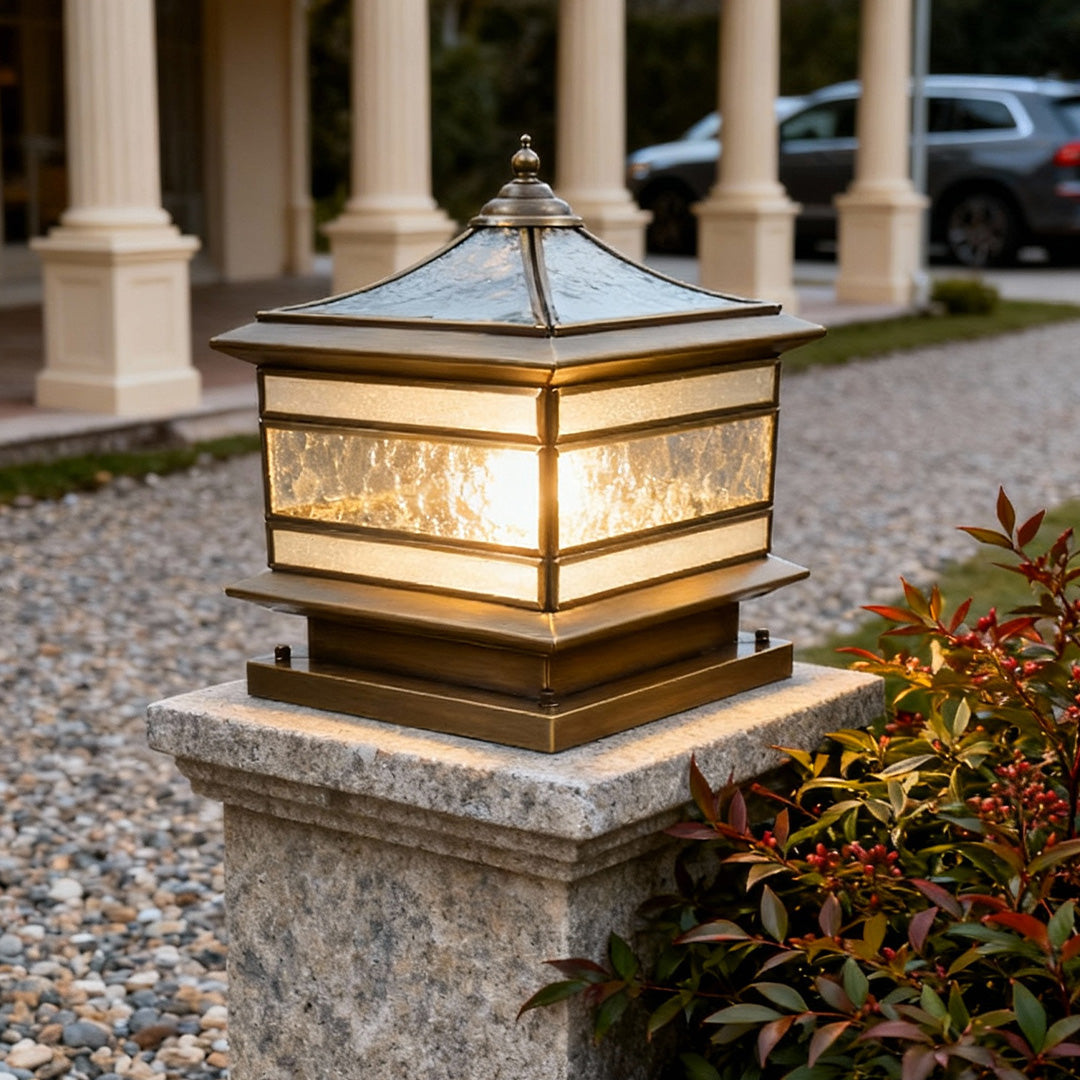 Stone Pillar Solar Lights Retro Copper – Waterproof Brass Fence Post Light for Garden & Courtyard