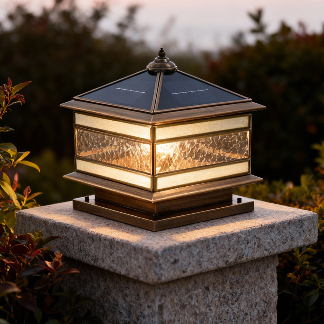 Stone Pillar Solar Lights Retro Copper – Waterproof Brass Fence Post Light for Garden & Courtyard