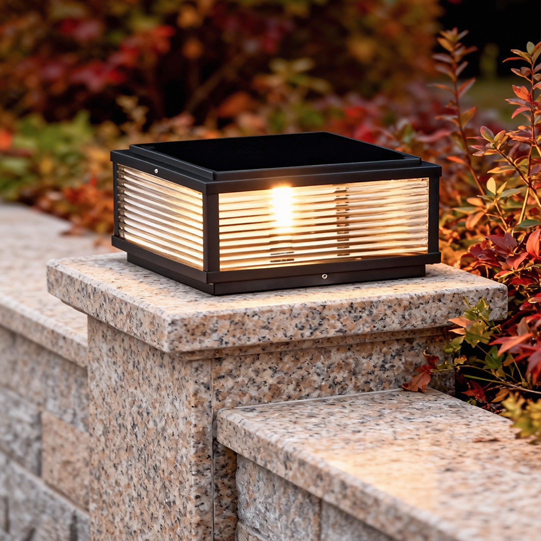 Square Pillar Light with Ribbed Glass – Solar & Hardwired Outdoor LED Landscape Post Cap Light