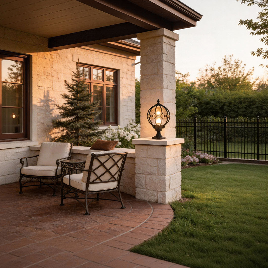 Outdoor Globe Pillar Lights Retro Glass Globe – Waterproof Black & Bronze Fence Post Cap Light